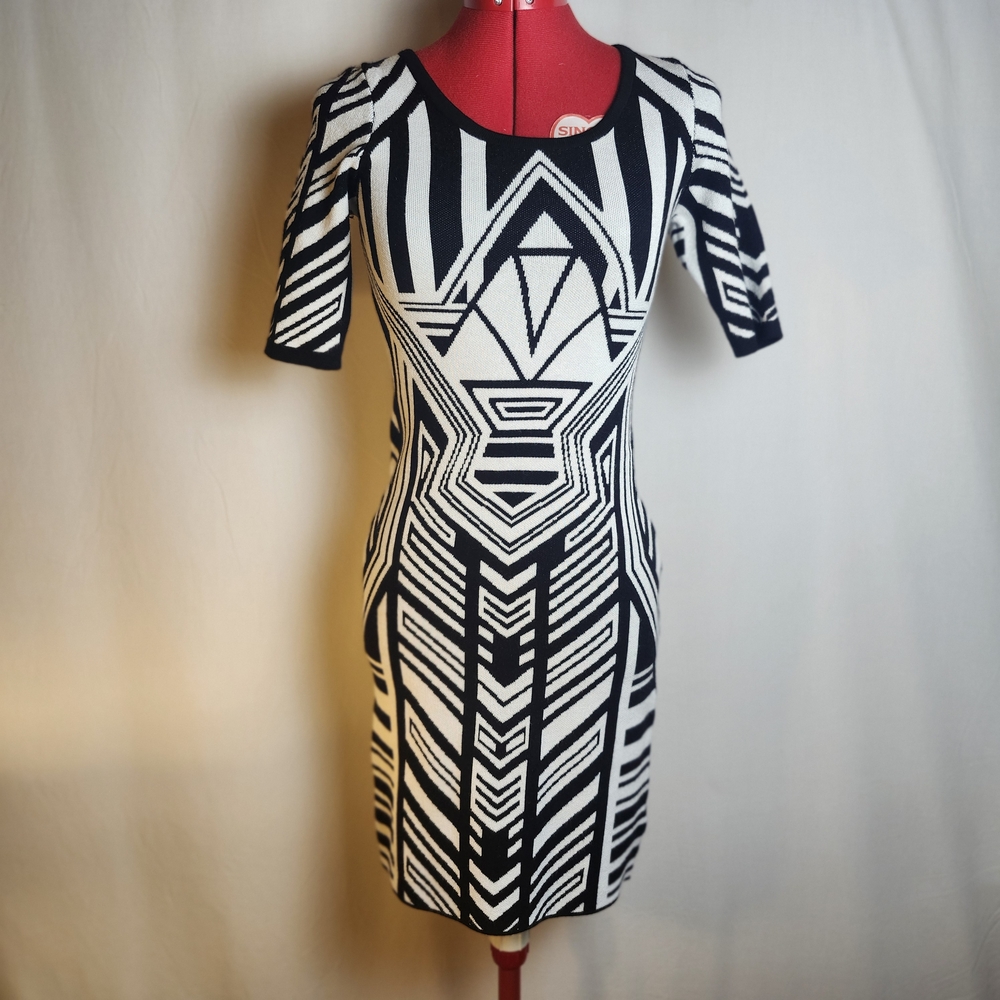 Pink Rose Black and White Long Sleeve Sweater Dress